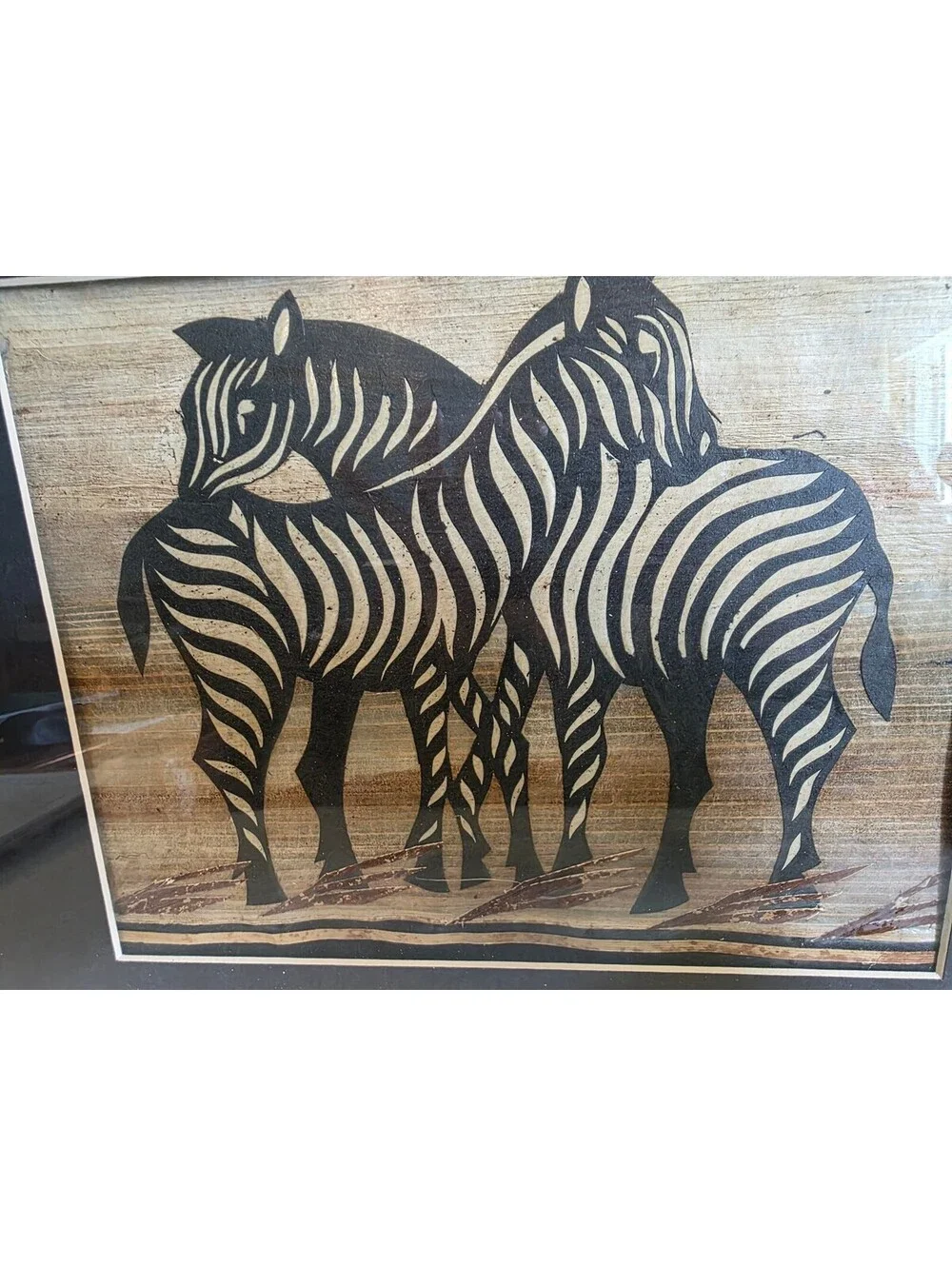 Framed African Zebra Family Textile Art Three Zebras Black Gold Wall Decor